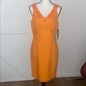 Muse Orange V-Neck Sheath Dress Midi Sleeveless